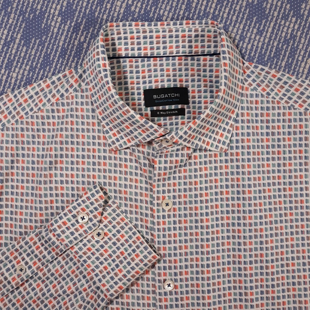BUGATCHI OoohCotton Tech Shirt Mens Large 8 Way Stretch Candy Long Sleeve